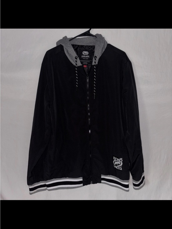 Ecko Unlimited Other - Ecko Unltd Rhino Hooded Zip Jacket Black Gray Stripe Cuffs Mens Y2K Streetwear